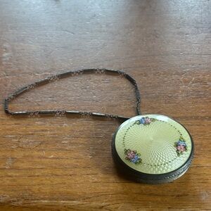 Antique Hallmarked Sterling WJ  enamel guilloche hand painted wristlet compact